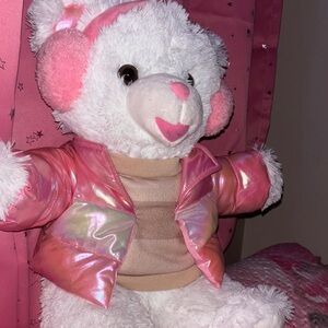 Charming White Teddy Bear with Pink Jacket and Earmuffs